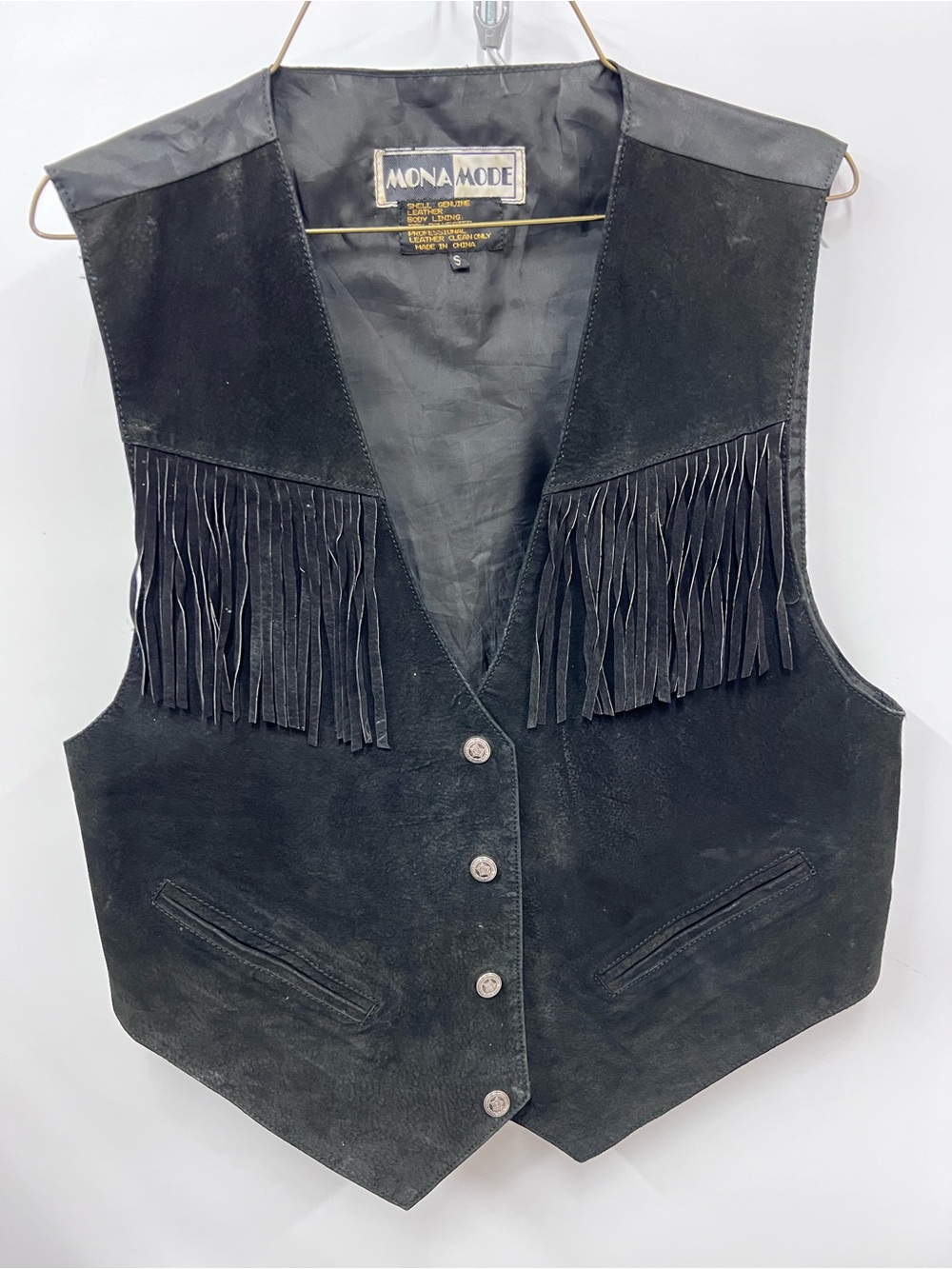 Vintage Mona Mode Black leather Suede Fringe Vest s unisex rodeo festival